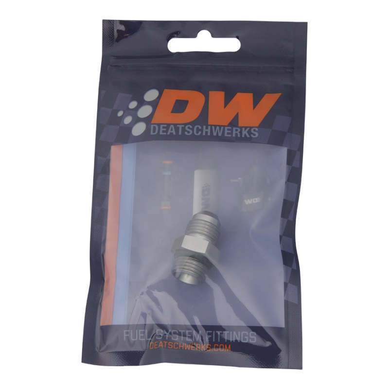 DeatschWerks 6AN ORB male to 6AN male flare fitting with O-ring, automotive fluid transfer fitting for high-performance applications.