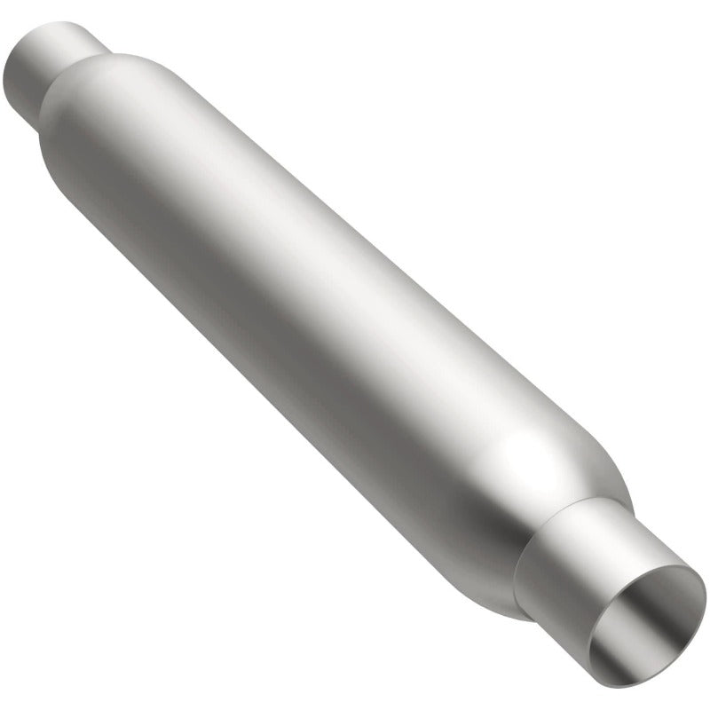 MagnaFlow muffler with 3.5-inch diameter and 18-inch length, featuring dual 2.25-inch inlet and outlet pipes, automotive exhaust component