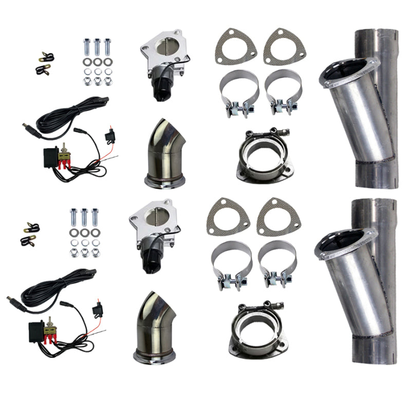 Granatelli 2.5-inch aluminized steel dual exhaust cutout with slip fit and band clamp, designed for automotive performance.