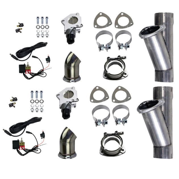 Granatelli 2.5-inch aluminized steel dual exhaust cutout with slip fit and band clamp, designed for automotive performance.