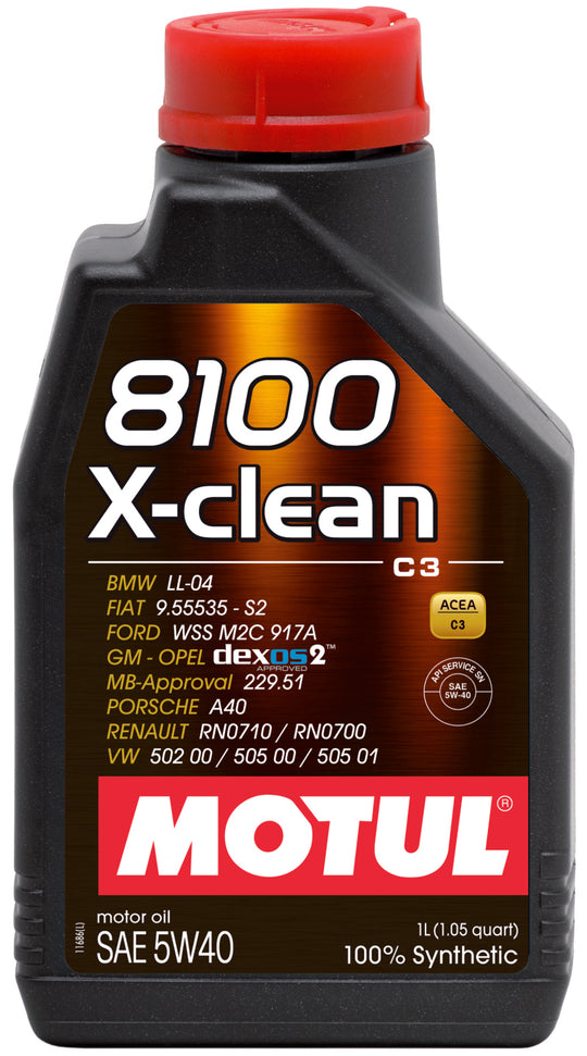 Motul 1L Synthetic Engine Oil 8100 5W40 X-CLEAN C3 bottle for motor oil, with detailed label and cap visible.