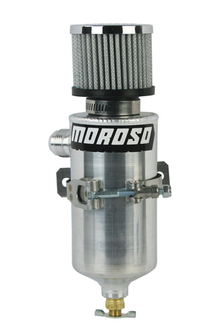 Moroso aluminum breather tank with -12AN male fitting, oil catch can for automotive ventilation and oil separation.