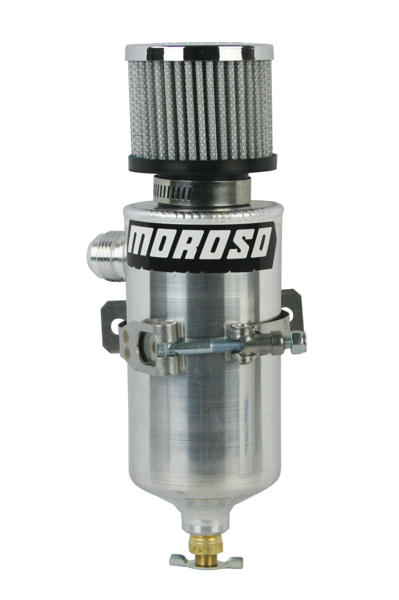 Moroso aluminum breather tank with -12AN male fitting, oil catch can for automotive ventilation and crankcase venting.