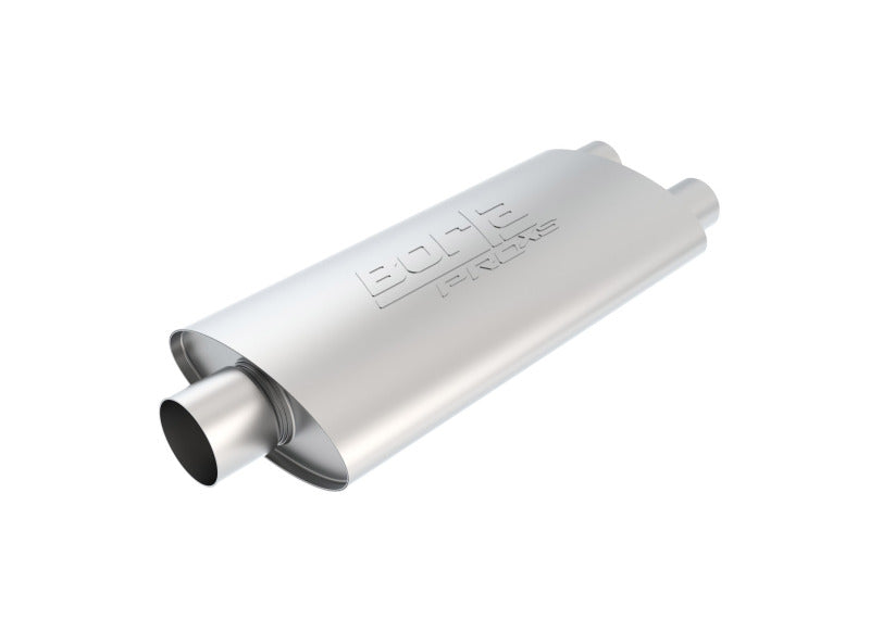 Borla 3-inch inlet dual 2.25-inch oval ProXS muffler with center and dual outlets, showcasing the sleek exhaust design.