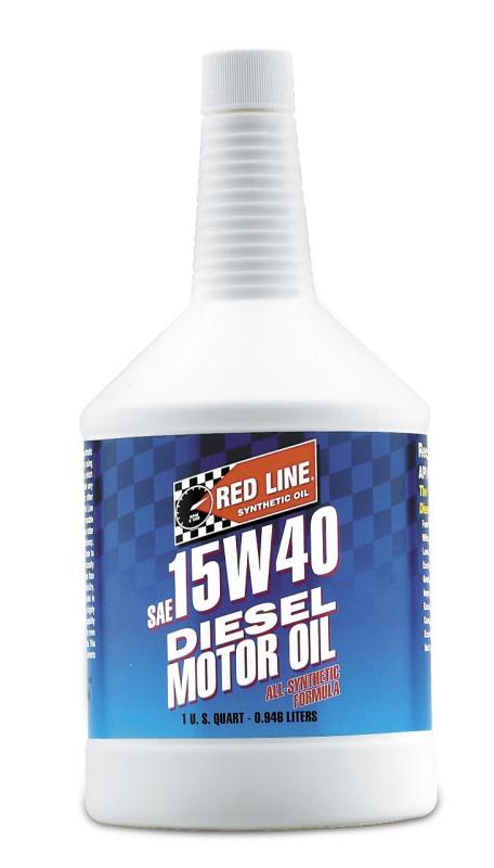 Red Line 15W40 diesel motor oil quart bottle showing the label and container for diesel engine lubrication.