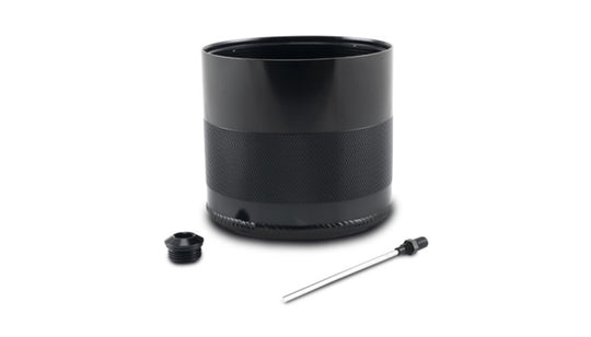 Vibrant small 0.75L oil catch can reservoir with dipstick for automotive engine ventilation systems.