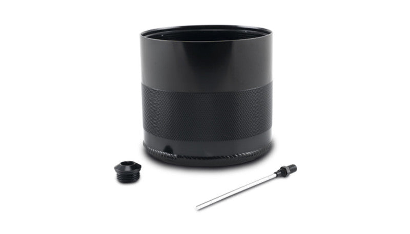 Vibrant small 0.75L oil catch can reservoir with dipstick for automotive engine ventilation systems.