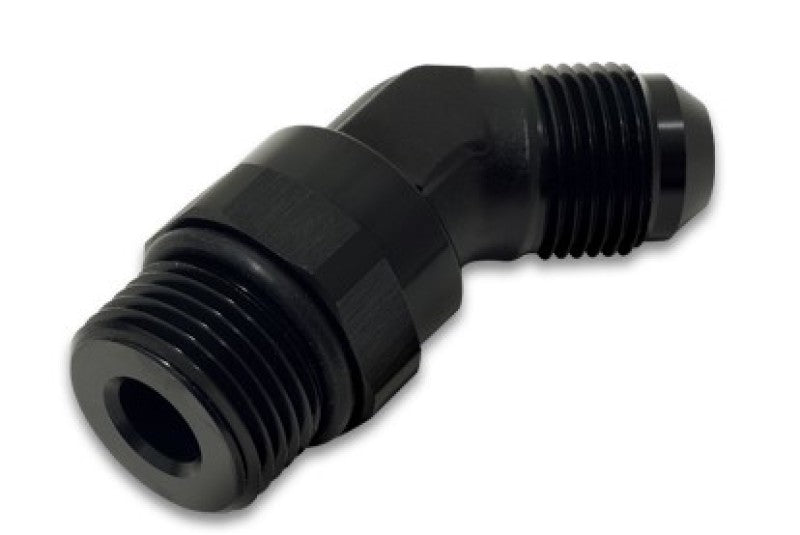Vibrant black anodized 6AN male flare to -8AN ORB swivel 45-degree adapter fitting for automotive or racing applications.