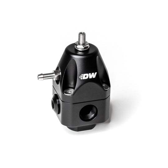 DeatschWerks DWR1000c adjustable fuel pressure regulator with dual 6AN inlet and outlet, black finish, for automotive fuel systems