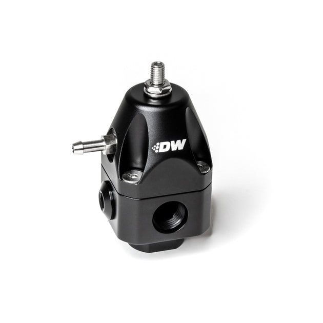 DeatschWerks DWR1000c adjustable fuel pressure regulator with dual 6AN inlet and outlet, black finish, for automotive fuel systems