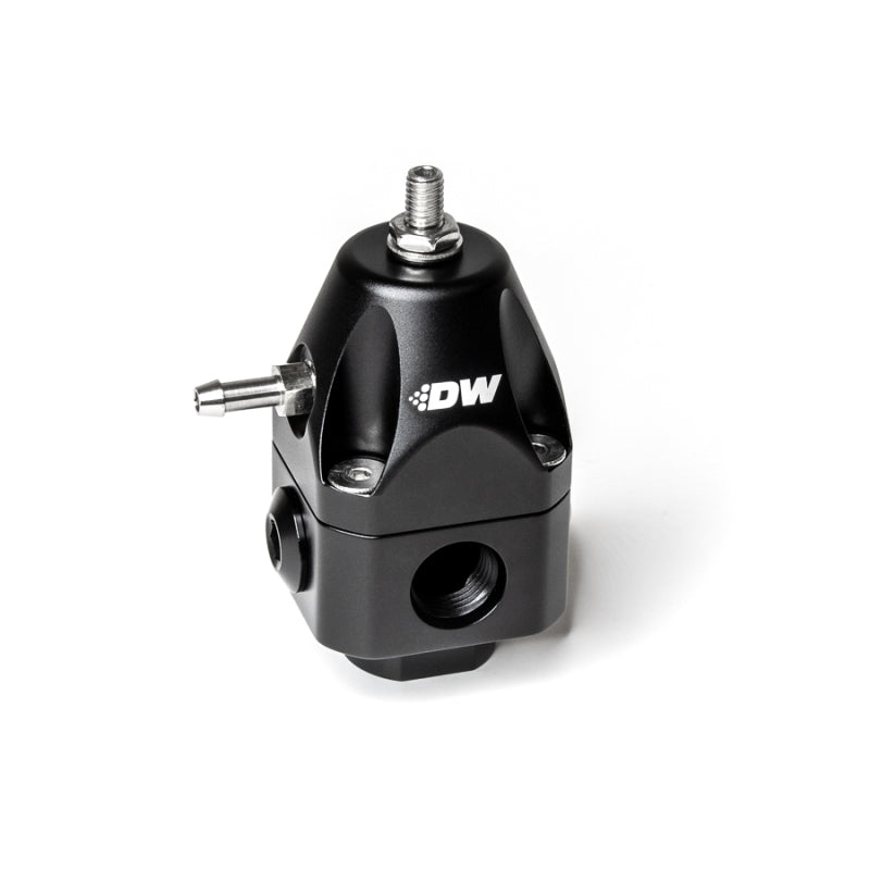 DeatschWerks DWR1000c adjustable fuel pressure regulator with dual 6AN inlet and outlet, black finish, for automotive fuel systems