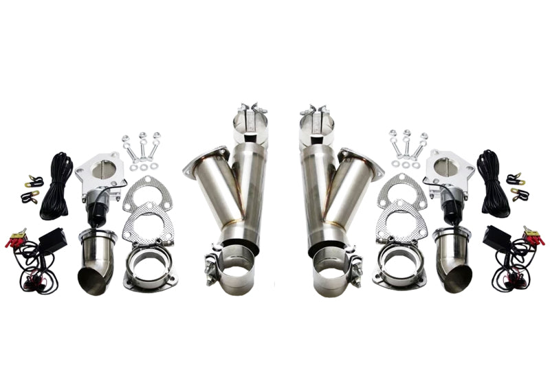 Granatelli 2.5-inch aluminized steel electronic dual exhaust cutout system with slip fit and band clamp for automotive performance.