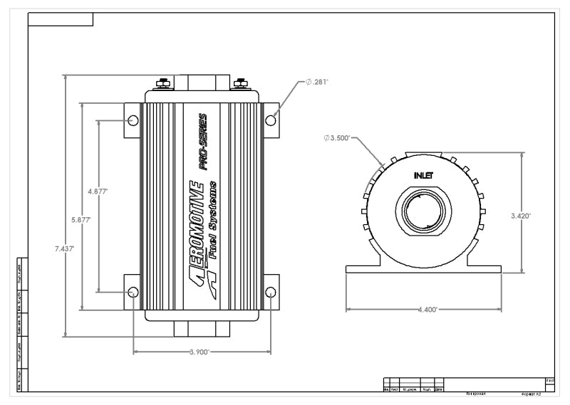 Aeromotive Pro-Series Fuel Pump for EFI or carbureted engines, showing the compact pump unit with inlet and outlet fittings.