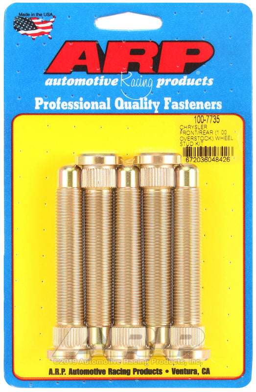 ARP Chrysler wheel stud kit with M14 1.000 threads, showing front and rear wheel studs for automotive replacement.