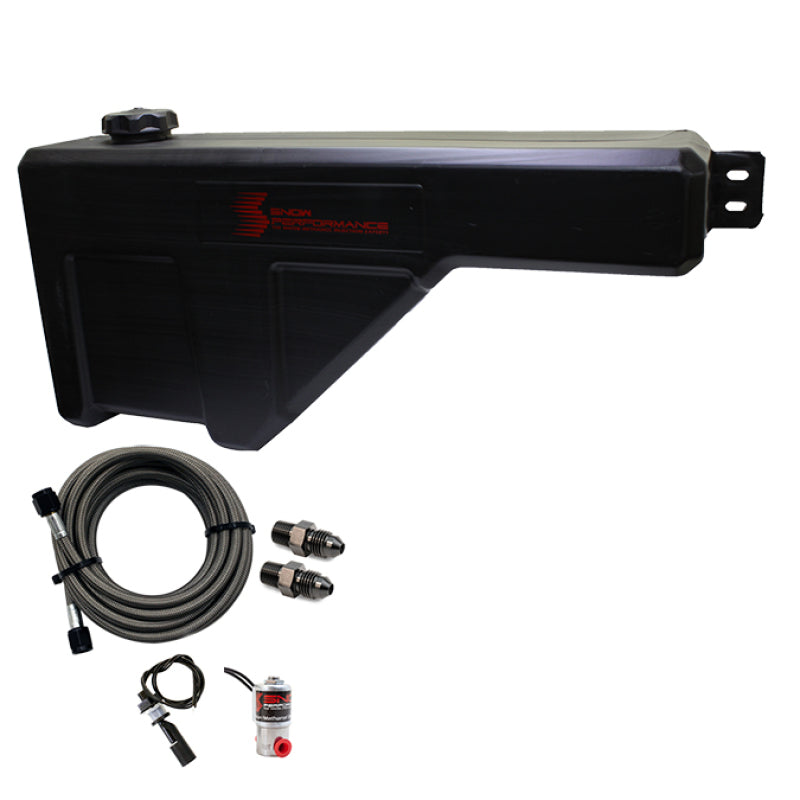 Snow Performance 10-gallon water tank upgrade reservoir with braided SS line, brackets, solenoid, and 4AN fittings for automotive cooling.