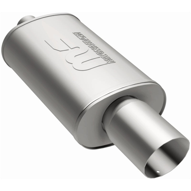 MagnaFlow stainless steel muffler with tip, 14x5x8 inches, featuring dual outlets and polished finish, suitable for vehicle exhaust system.