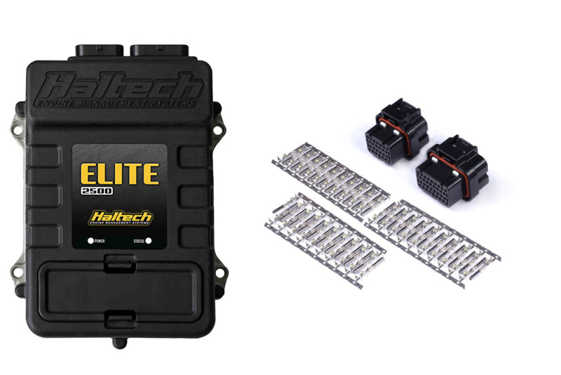 Haltech Elite 2500 ECU with plug and pin set, used for automotive programming and tuning, shown with wiring components.