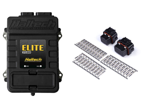 Haltech Elite 2500 ECU with plug and pin set, used for automotive programming and tuning, shown with wiring components.