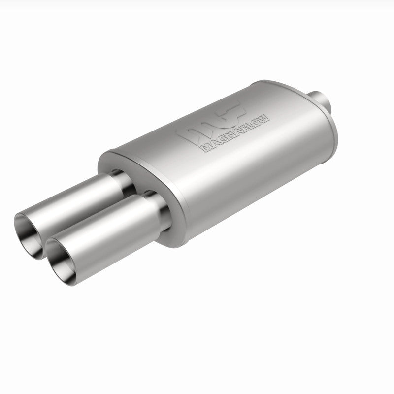 MagnaFlow stainless steel muffler with tip, 14x5x8 inches, featuring 2.25/3 inlet and outlet, designed for vehicle exhaust systems.