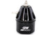DeatschWerks DWR2000 black adjustable fuel pressure regulator with inlet and outlet ports for automotive fuel systems.