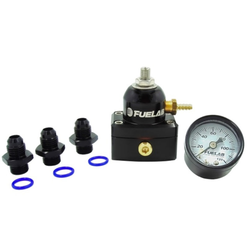 Fuelab 535 EFI adjustable mini fuel pressure regulator with gauge kit, 25-90 PSI, includes -6AN inlet, outlet, and return fittings.