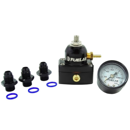Fuelab 535 EFI adjustable mini fuel pressure regulator with gauge kit, 25-90 PSI, includes -6AN inlet, outlet, and return fittings.