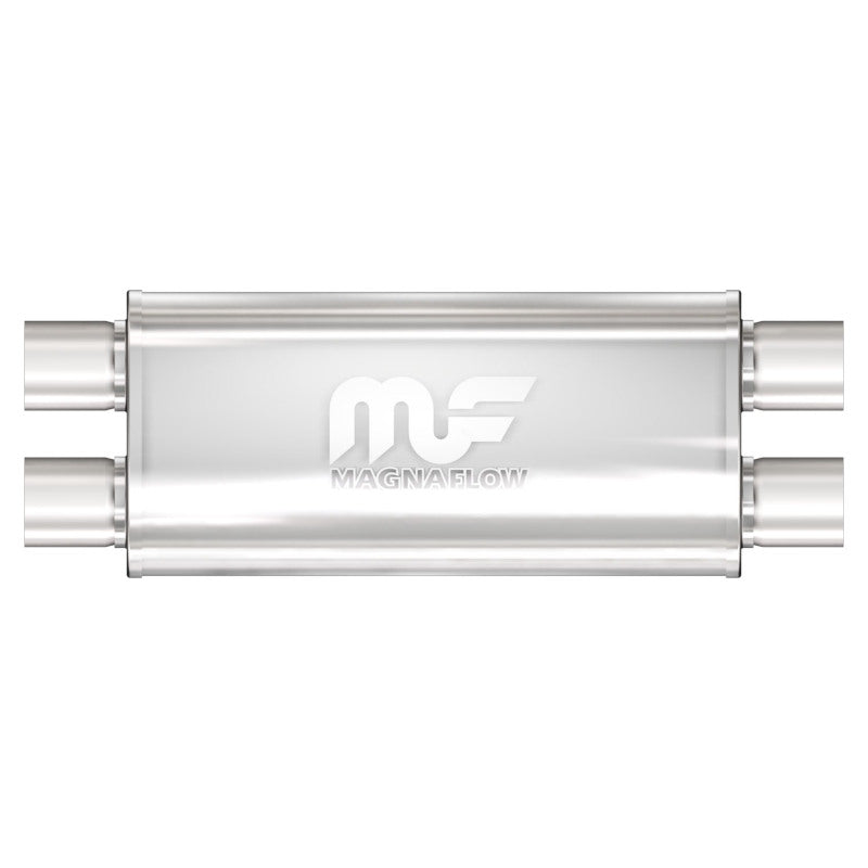 MagnaFlow Magna SS muffler with 24x5x8 inch D/D dual inlet and outlet, stainless steel construction, mounted on vehicle exhaust system