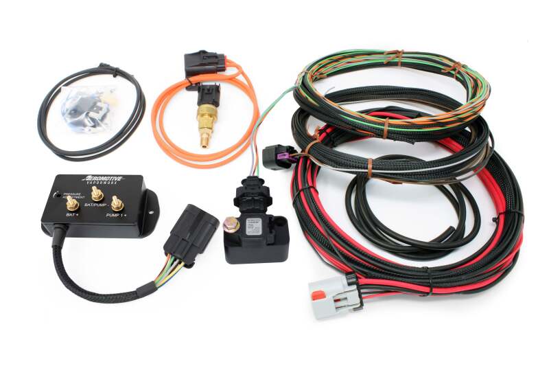 Aeromotive VaporWorx Ford Mustang GT fuel pump controller kit with electronic module and wiring for returnless fuel systems.