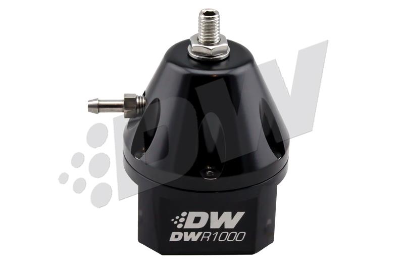 DeatschWerks DWR1000 black adjustable fuel pressure regulator for automotive performance applications.