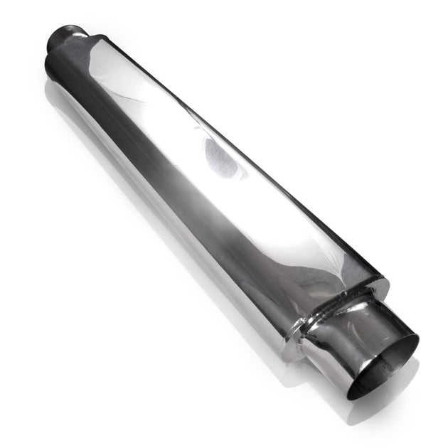 Stainless Works stainless steel oval muffler, 24-inch length with 2.5-inch inlet openings, showing smooth polished surface and oval shape.