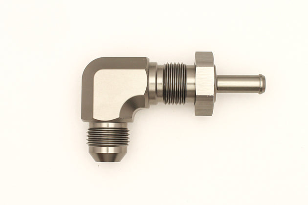 DeatschWerks 8AN male flare to 5/16 inch male barb bulkhead adapter with 90-degree bend and included nut for fuel or fluid systems.