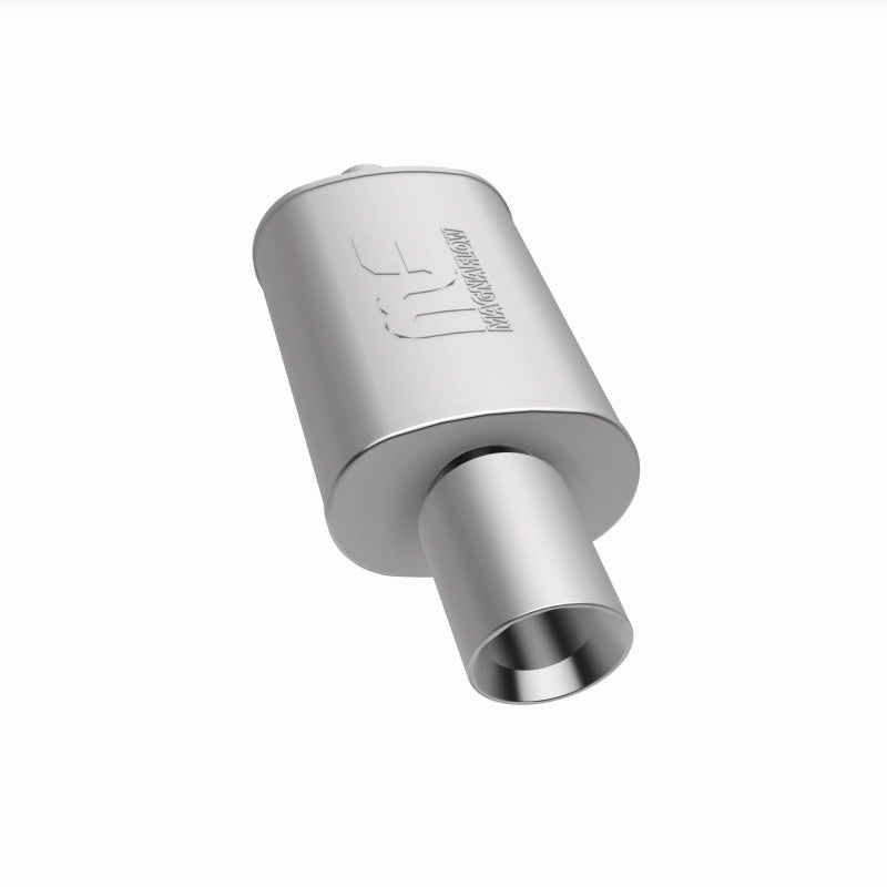 MagnaFlow stainless steel muffler with tip, 14x5x8 inches, 2.25/4 inch inlet and outlet, automotive exhaust part.