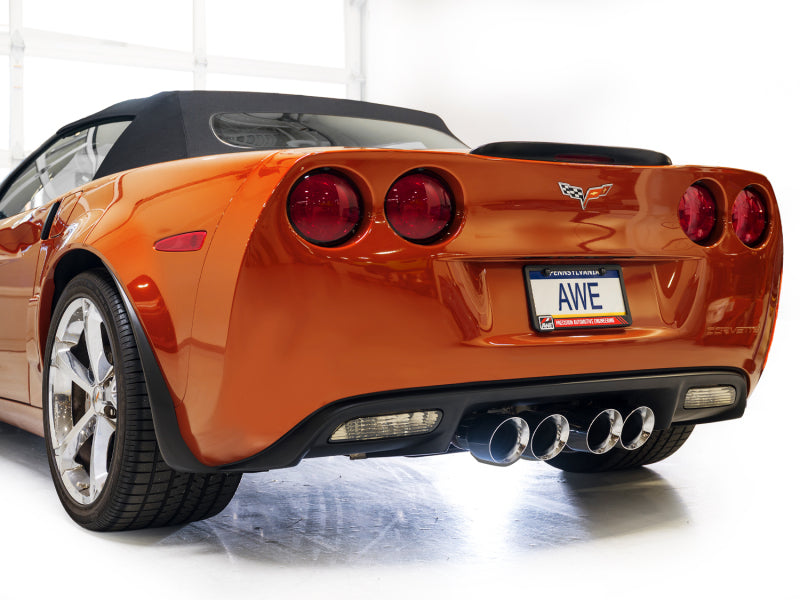 AWE Tuning axle-back exhaust system with chrome silver tips for 2005-2007 C6 Chevrolet Corvette 6.0L Touring Edition, showing polished tips.