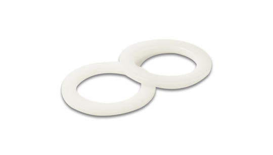 Pair of Vibrant -8AN PTFE washers for bulkhead fittings, showing the small, durable white washers used in high-performance fluid connections.