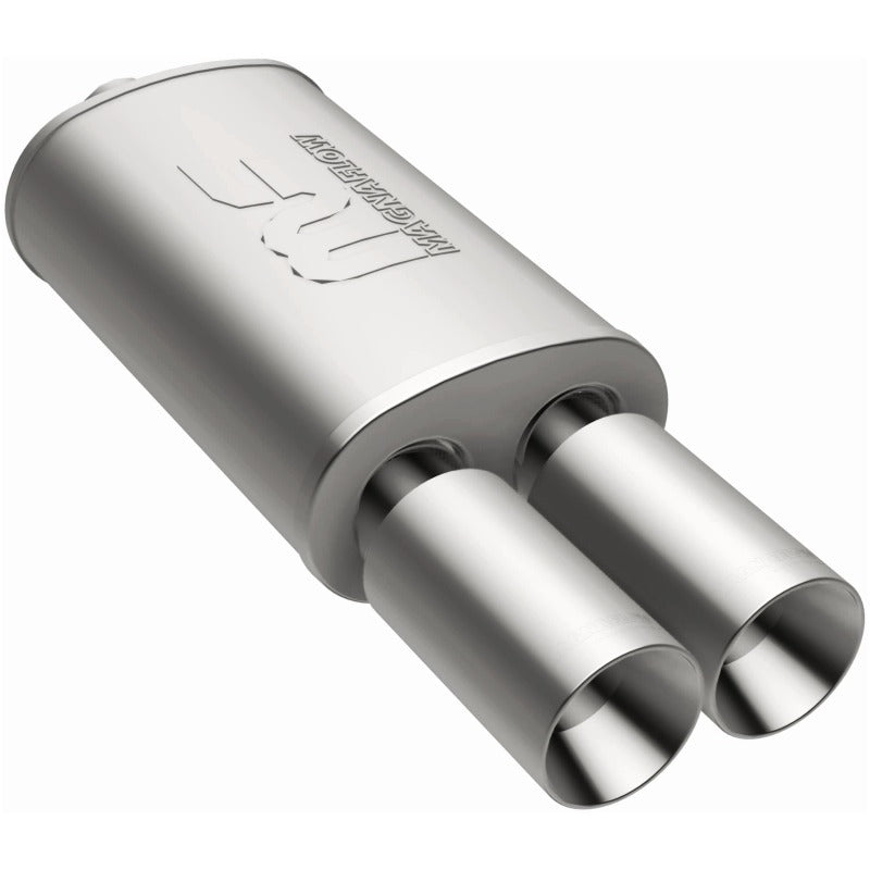 MagnaFlow stainless steel muffler with tip, 14x5x8 inches, featuring dual inlet and outlet pipes for car exhaust system.