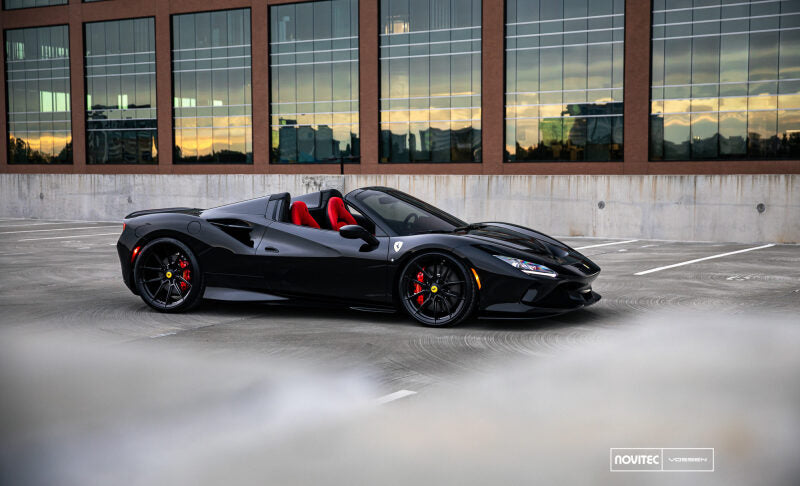 Vossen Novitec NF10 21-inch forged gloss black wheel for Ferrari 488 and F8, front view showing intricate design and size details.