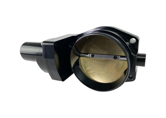 Granatelli Motor Sports black 103mm drive-by-wire throttle body for GM LS3/LSA/LSX engines, shown from angle with mounting hardware