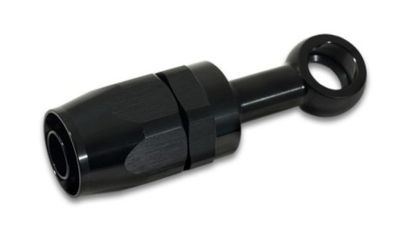 Vibrant black aluminum -8AN banjo hose end fitting with M12 or 7/16 inch banjo bolt, used for fluid connections in automotive systems.