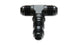 Vibrant black anodized -4AN bulkhead adapter tee fitting with threaded ports for fluid connections, shown on fitting close-up.