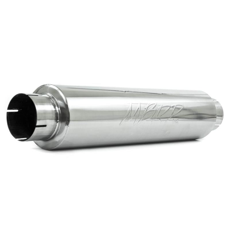 MBRP universal quiet tone muffler with 4-inch inlet/outlet, 24-inch body, 6-inch diameter, and 30-inch overall length, T304 stainless steel