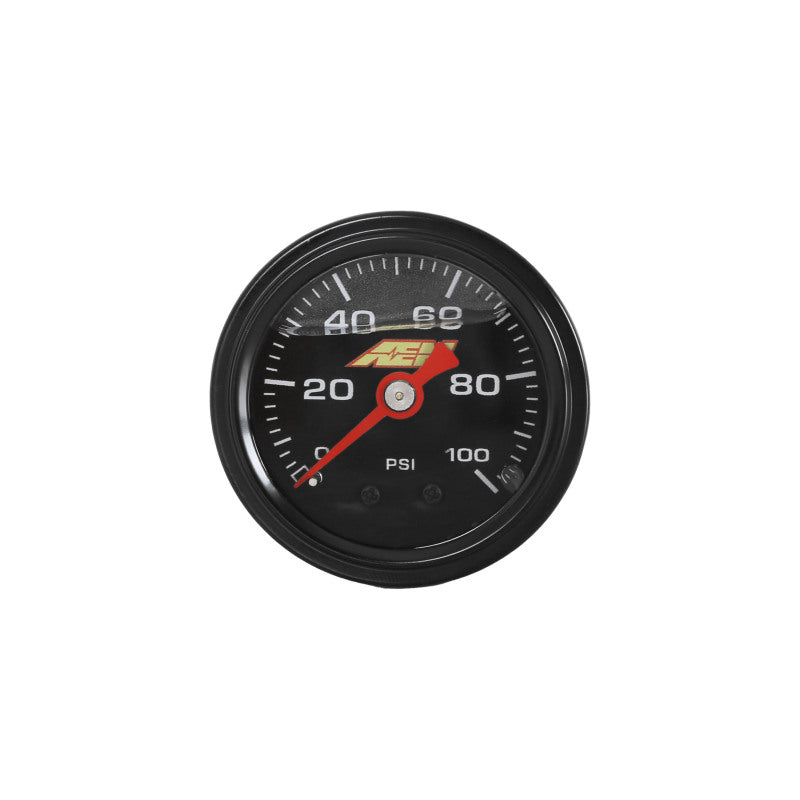 AEM 0-100 PSI liquid-filled mechanical pressure gauge with 1/8 NPT connection, displaying pressure readings on dial face