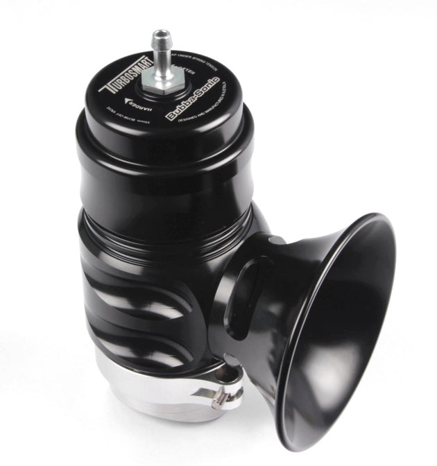 Turbosmart Universal Bubba Sonic BOV blow-off valve installed on a vehicle, showcasing its sleek black design and compact size.