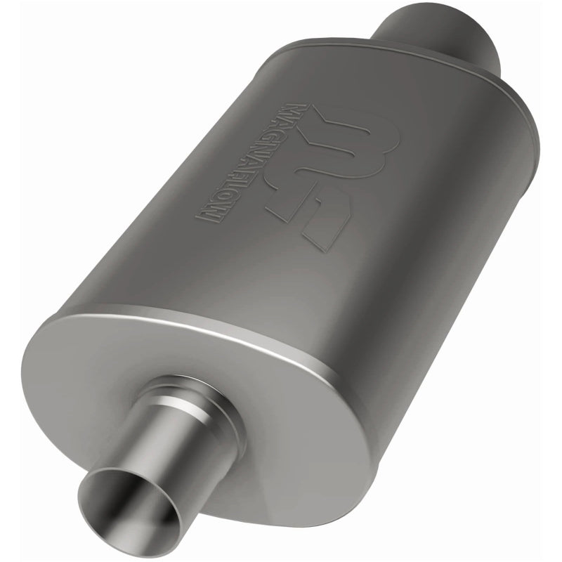 MagnaFlow muffler with polished tip, stainless steel, 14x5x8 inches, 2.25/4 inlet outlets, automotive exhaust part.