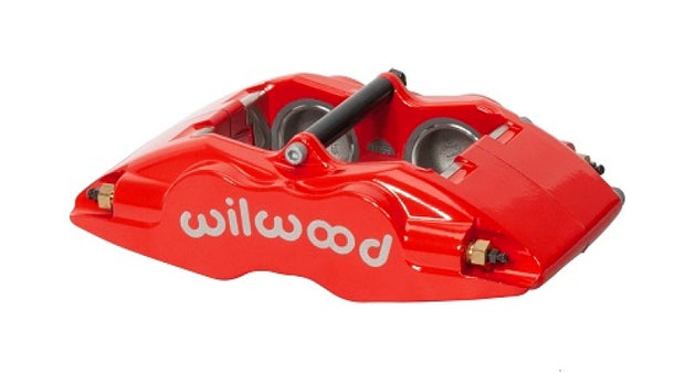 Wilwood FSLI4 performance red brake caliper with 1.62-inch piston for 1.25-inch rotors, shown in close-up.