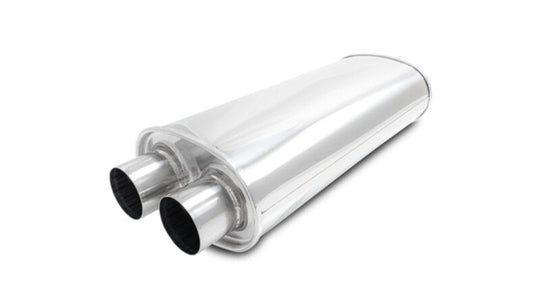 Vibrant Streetpower Oval Muffler with dual inlet and outlet, 18-inch body length, showcasing its vibrant finish and dual exhaust design.