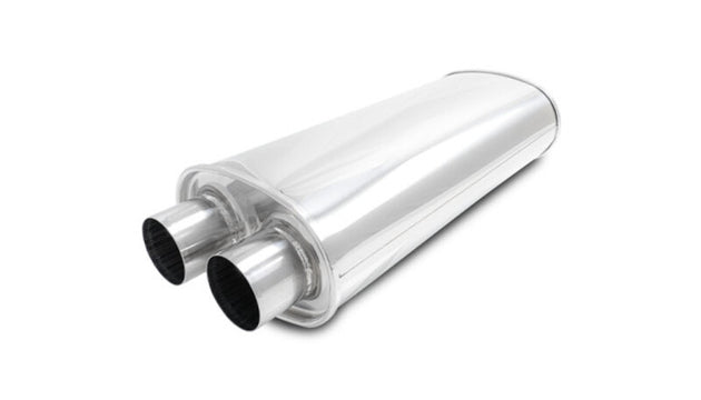 Vibrant Streetpower Oval Muffler with dual inlet and outlet, 18-inch body length, showcasing its vibrant finish and dual exhaust design.
