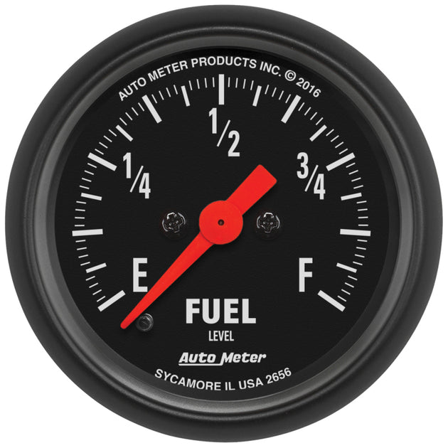AutoMeter Z Series 0-280 Ohm programmable fuel level gauge with 2-1/16 inch dial showing digital display and control buttons.