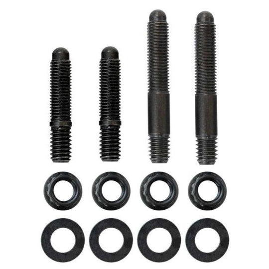 Moroso 2-piece 5/16in-24 x 1.625in and 2-piece 5/16in-24 x 2.0in long 12-point nuts carb stud kit with brackets, fittings.