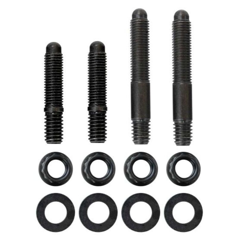 Moroso 2-piece 5/16in-24 x 1.625in and 2-piece 5/16in-24 x 2.0in long 12-point nuts carb stud kit with brackets, fittings.