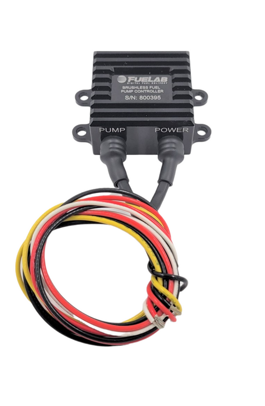 Fuelab electronic DC brushless fuel pump controller with full/variable 25A rating, shown in the image.
